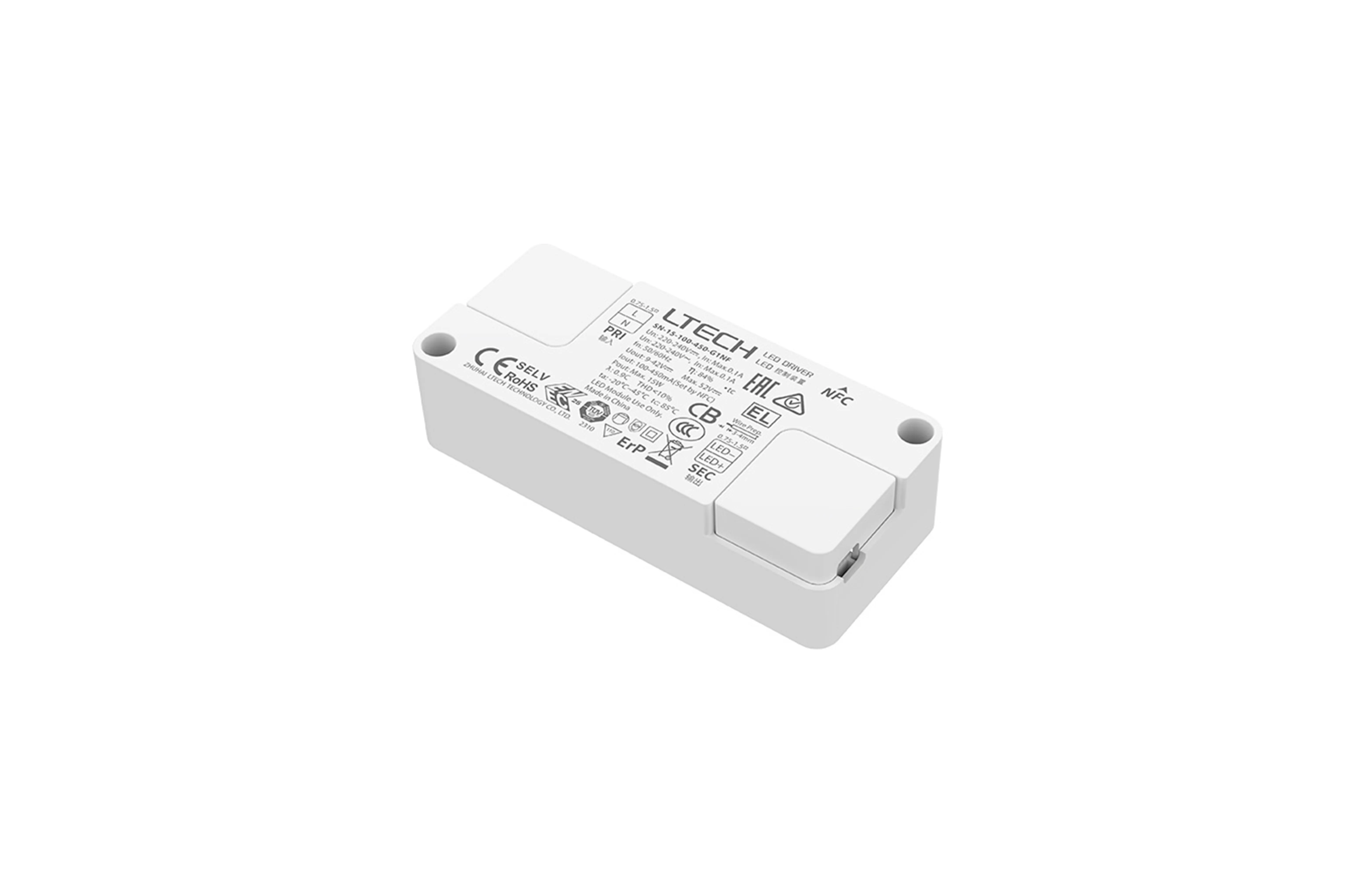 SN-15-100-450-G1NF  Intelligent Constant Current NFC ON/OFF LED Driver, 15W 100-450mA ,9-42Vdc , 200-240Vac, Out put Range.0.9W-15W, IP20, 5yrs Warrenty.